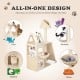 Multi-level cat tree in beige featuring a sisal scratching post, padded perch, and cozy hammock for play and rest.