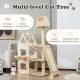 Multi-level cat tree in beige with sisal scratching post, padded perch, and hammock for playful resting and climbing.