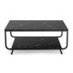 Modern black 2-tier coffee table with faux marble top and metal frame, ideal for living room storage and style.
