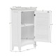 Freestanding white corner storage cabinet with shutter door, featuring adjustable shelf and sleek design for bathroom.