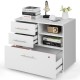 3-drawer lateral file cabinet on wheels in white with storage shelves, ideal for organizing files and office supplies.