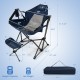 Hammock camping chair with retractable footrest, navy color, featuring a mesh design and carrying bag for easy.