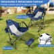 Hammock camping chair in navy with retractable footrest, featuring a mesh design and cupholder for outdoor relaxation.