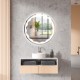 24-inch round wall mirror with 3-color LED lights and smart touch buttons, featuring a sleek design for elegant home.