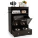 Pet feeder station in coffee color with stainless steel bowls, storage cabinet, and open compartments for pet supplies.