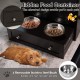Pet feeder station in coffee color with two removable stainless steel bowls and hidden storage for pet supplies.