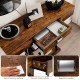 Rustic brown console table with a pull-out drawer and 2-tier shelves, ideal for entryway or living room decor.