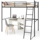 Twin metal loft bed in black with ladder, high guard rails, and under-bed workspace for space-saving solutions.