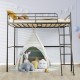 Twin metal loft bed in black with ladder and high guard rails, featuring cozy under-bed space for play or storage.