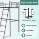 Twin metal loft bed in black with high guard rails and ladder, ideal for kids' rooms and space-saving solutions.