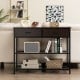 Dark brown entryway table with 2 drawers and 2 metal shelves, ideal for living room or hallway storage.
