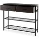 39.5-inch dark brown entryway table with 2 drawers and 2 metal shelves, perfect for living room or hallway storage.