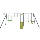 A 7-in-1 outdoor swing set featuring a slide, swings, and a basketball hoop, perfect for backyard fun for kids aged.