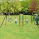 A-shaped outdoor swing set featuring swings, slide, and monkey bars, perfect for backyard fun for kids aged 3-10.