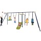 A 7-in-1 outdoor swing set featuring swings, a slide, and a basketball hoop, perfect for backyard fun for kids aged.