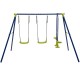 Kids swing set featuring two U-shaped swings and a glider, made of durable PE and powder-coated steel for backyard fun.