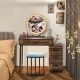 Cushioned vanity stool in brown design complements the vanity table set, providing comfort for makeup application.