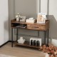 Rustic brown console table with metal frame, showcasing a wide tabletop and a stylish pull-out drawer for added.
