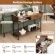 Rustic brown long console table with a pull-out drawer and open shelves, ideal for living room or entryway storage.