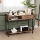 Rustic brown long console table with drawer and metal frame, featuring multiple storage options for versatile use.