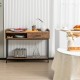 Rustic brown console table with metal frame, featuring a drawer and open shelves, ideal for living room or kitchen use.