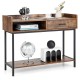 Rustic brown console table with drawer and metal frame, featuring open shelves for versatile storage in any room.