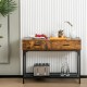Rustic brown 2 drawers console table with metal frame, featuring a wide tabletop and open shelf for versatile storage.