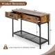 Rustic brown console table with metal frame, featuring two drawers and an open shelf, ideal for living room storage.