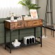 Rustic brown console table with metal frame, featuring 2 drawers and an open shelf, ideal for living room storage.