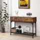 Rustic brown 2 drawers console table with metal frame, open shelf, ideal for living room or entryway storage.