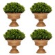 Four artificial boxwood topiary trees in golden pots, perfect for decorative use on tables and mantles.
