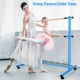 Double ballet barre in blue with two dancers, featuring adjustable heights for home or studio use.