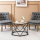 Hexagonal glass coffee table with a black geometric metal base, perfect for modern home decor and easy assembly.