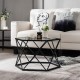 Hexagonal black geometric coffee table with tempered glass top, perfect for modern living room decor and easy assembly.