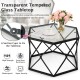 Hexagonal glass coffee table with a black geometric metal base, heat-resistant and easy to clean, ideal for modern.