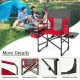 Folding camping directors chair in red with side table and cooler bag, ideal for outdoor use and easy transportation.