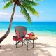 Folding camping director's chair in red with cooler bag and side table, perfect for outdoor beach relaxation.