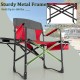 Folding camping directors chair in red with sturdy metal frame, side table, and cooler bag for outdoor convenience.