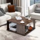 Square coffee table in rustic brown with two tiers, storage space, and non-slip foot pads for living room use.