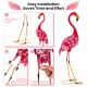 2-piece flamingo garden statue set showing easy installation steps with U-shaped stakes for stable outdoor decoration.