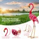 Standing flamingo garden statue with curved head and delicate feathers, made of rustproof metal for charming outdoor.