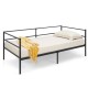 Twin size metal daybed frame with beige mattress, yellow throw, and pillow, perfect for living room or bedroom use.