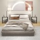 360° rotatable floor lamp with side table and USB ports, featuring a cozy linen shade, perfect for bedroom or living.