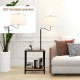360° rotatable floor lamp with linen shade and side table, featuring USB ports for convenient charging in living room.