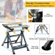 Folding work table with adjustable height, tiltable platform, and non-slip foot pads for versatile project support.