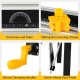 Close-up of the quick-release foot pedal and rotary clamping handles on a folding work table for adjustable height.