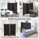 4-panel brown room divider showcasing multi-functional use in office, dining room, balcony, and hospital settings.