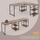 L-shaped computer desk in rustic brown with 4 storage shelves and cable holes, perfect for home office setup.