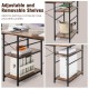 L-shaped computer desk in rustic brown with adjustable shelves, ideal for storing a computer case and other items.
