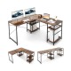 L-shaped computer desk in rustic brown with 4 storage shelves, suitable for corner or long desk setups.